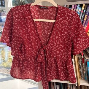 SHEIN Burgundy Floral Tie-Front Blouse